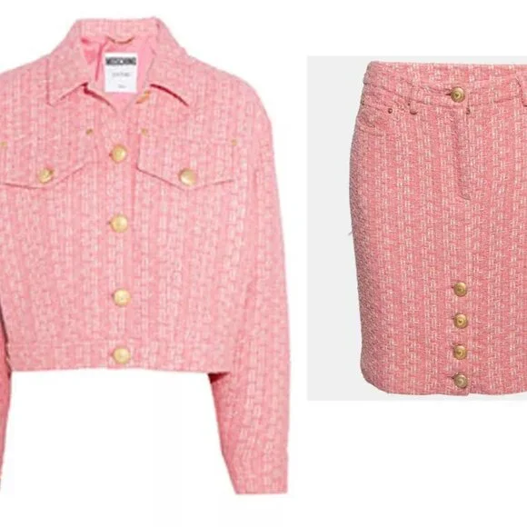 MOSCHINO COUTURE RAFFIA BOUCLE PINK TWEED JACKET SKIRT SET 2017 RUNWAY SZ 8